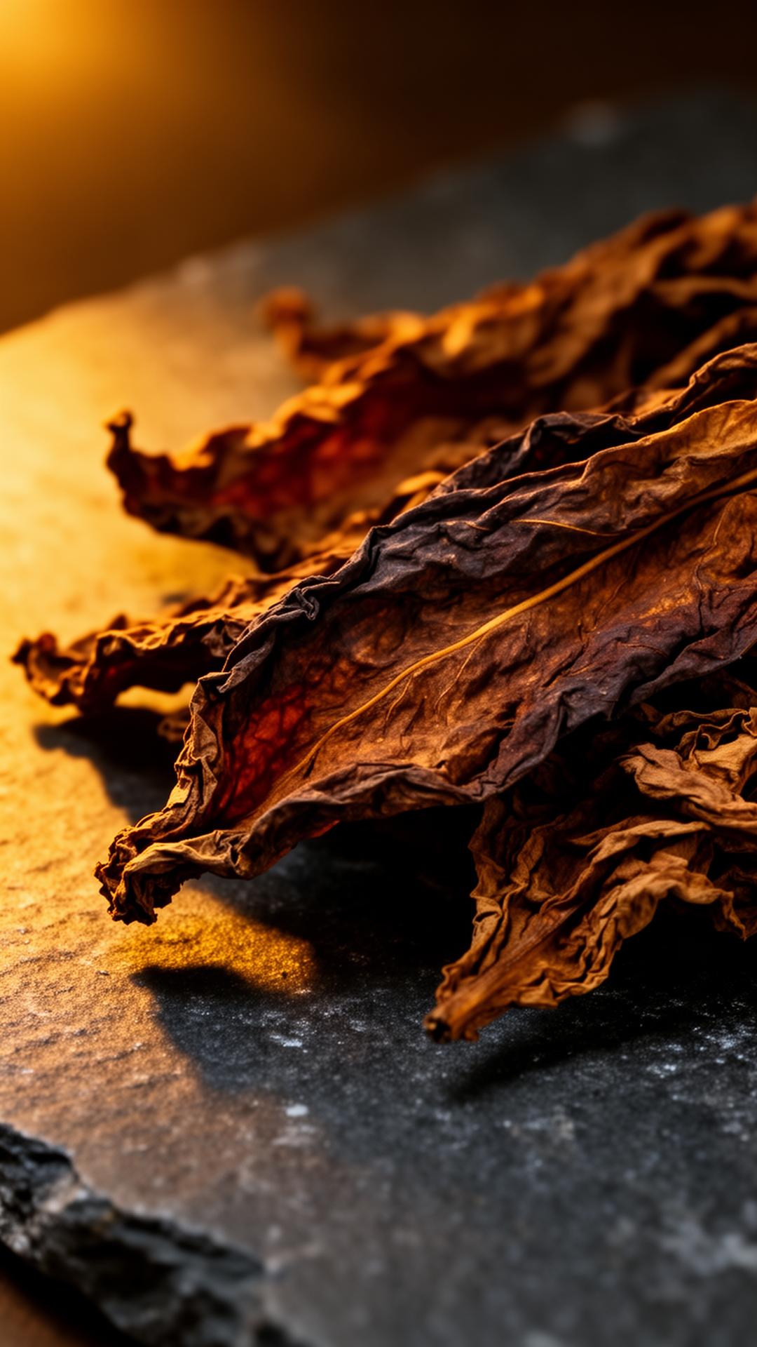 Cured tobacco leaves catching warm desert light
